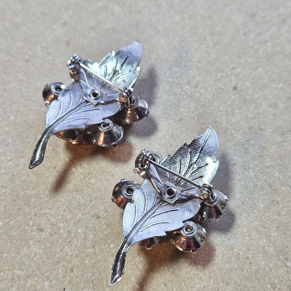 Vtg Silver Tone Rhinestone Leaf Flower Brooch Pin Set Lot 2 Wedding Boutonniere - Picture 4 of 4